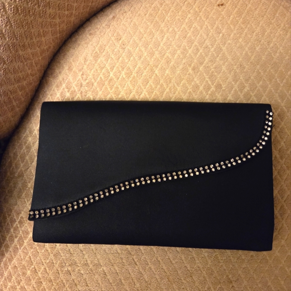 La Regale Elegant Black Satin Evening Clutch with Rhinestone Detail